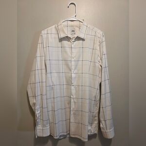 Zara Men's White and Blue Checkered Shirt